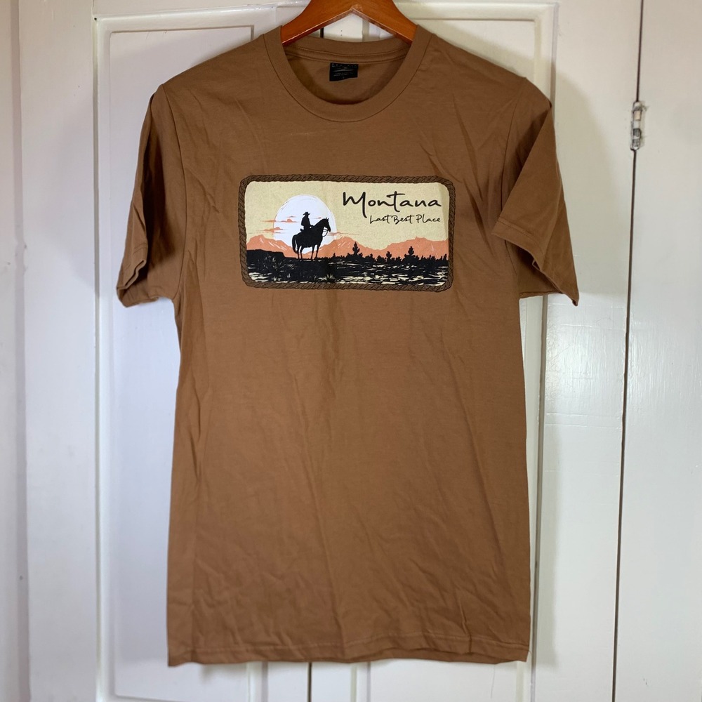 Prairie Mountain Montana Last Best Place Cowboy Graphic Tee Brown Small S